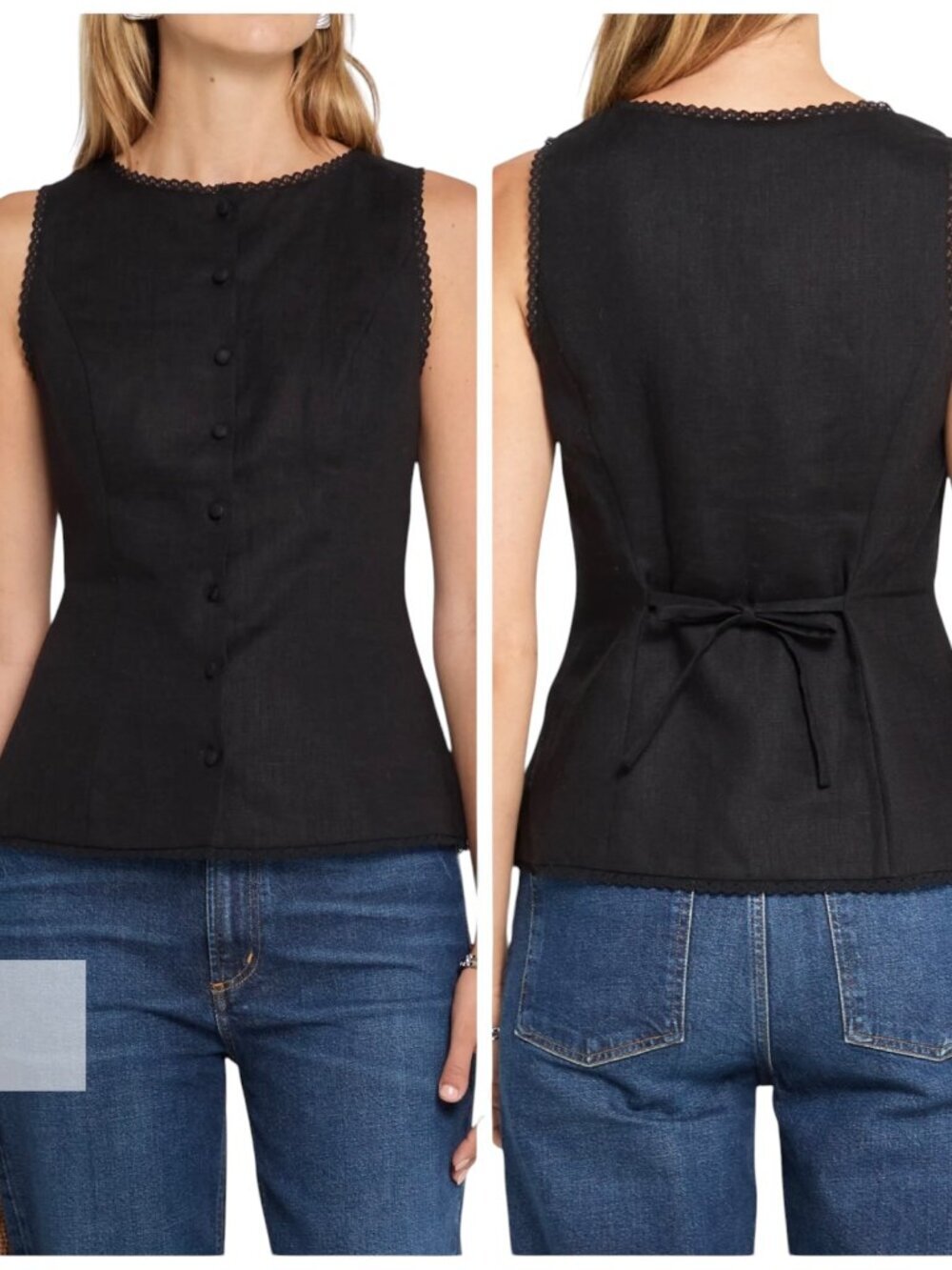 Kourt Micah Black Linen Lace Trim Button Front Top Size 8 NWT